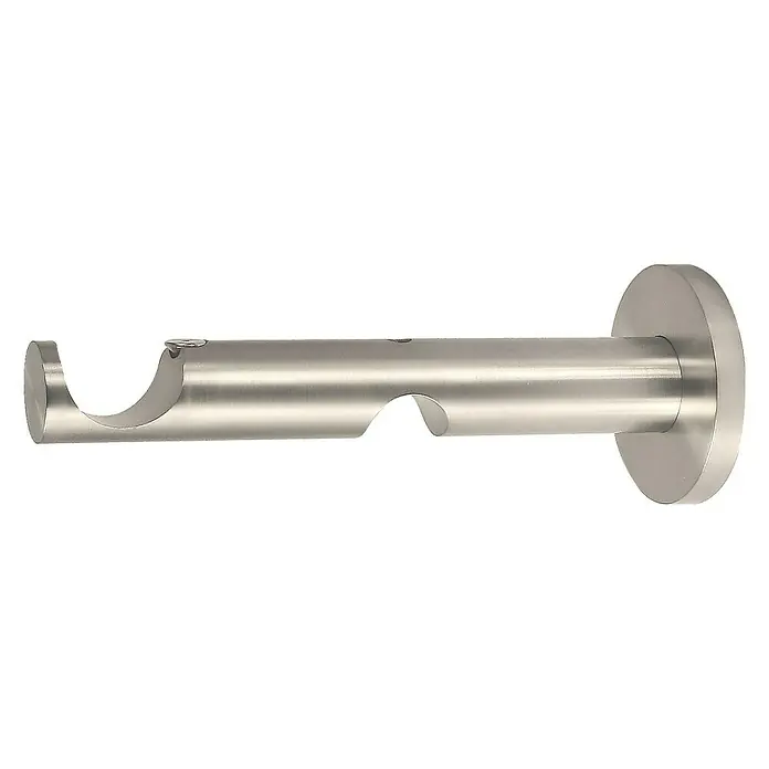 Expo Ambiente Doppelträger Max/Track - Edelstahloptik, Geeignet für: Gardinenstangen Ø 28 mm, Länge: 16,9 cm - Nahaufnahme einer Doppelgardinenstange aus gebürstetem Nickel, die ein elegantes und modernes Design für die Fensterdekoration bietet.