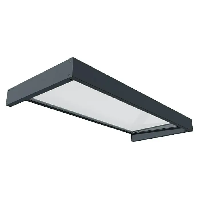 Palram – Canopia Marquesina para puerta Sophia - 160 x 95 x 17 cm, Gris antracita, Color del techo: Blanco opal - Primer plano de una moderna lámpara de techo LED rectangular con marco gris y panel de luz difusa brillante.