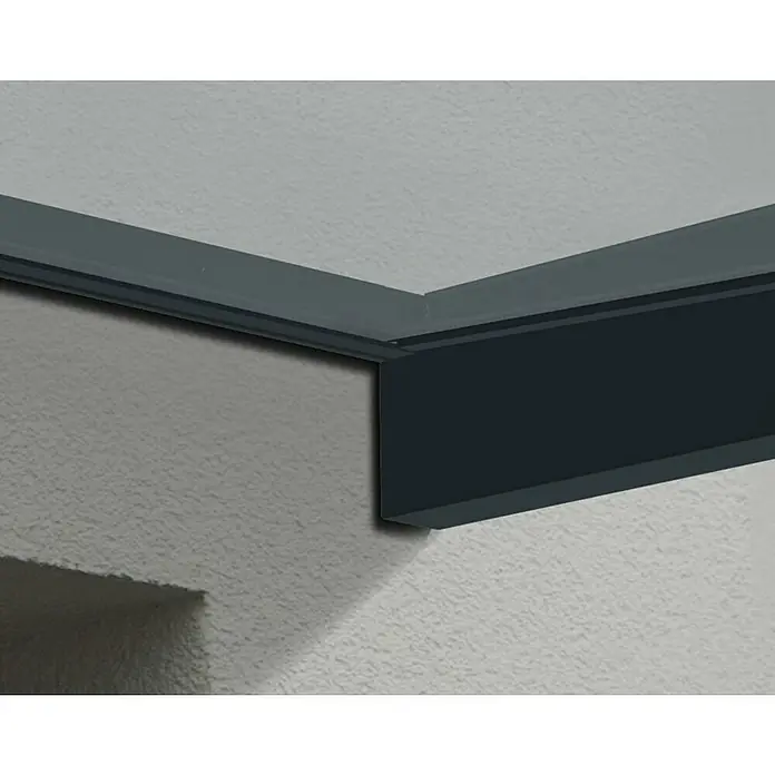 Palram – Canopia Marquesina para puerta Sophia - 160 x 95 x 17 cm, Gris antracita, Color del techo: Blanco opal - Detalle de un borde de esquina moderno de color gris oscuro que termina elegantemente la pared, creando una transición limpia al techo.