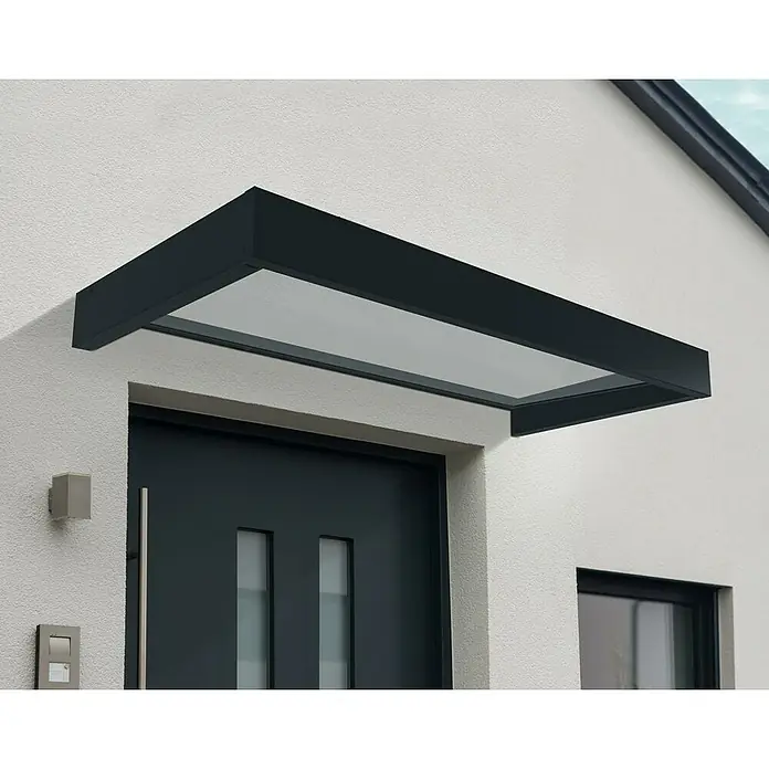 Palram – Canopia Marquesina para puerta Sophia - 215 x 95 x 17 cm, Gris antracita, Color del techo: Blanco opal - Primer plano de una puerta principal moderna con un elegante toldo que ofrece protección y un diseño acogedor.