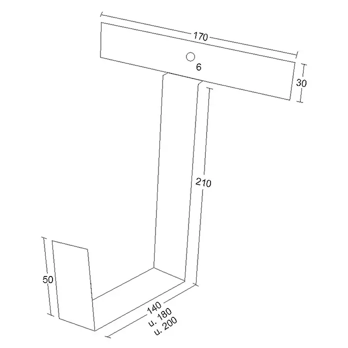 WMT Eindrehhalterung für Blumenkästen - 22 x 17 x 24 cm, Anthrazit - Abbildung eines T-förmigen Wandhakens mit den Maßen 170 x 30 mm, 210 mm hoch und einer Basis von 140 mm, optional 180 oder 200 mm.