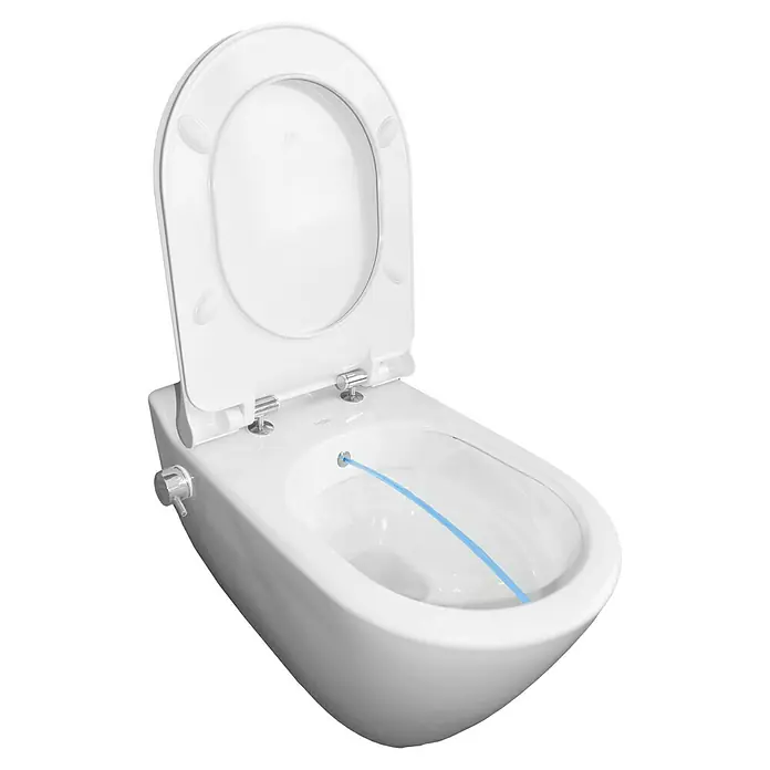 Temtasi Wand-Dusch-WC Mineral - Spülrandlos, Ohne Spezialglasur, Spülform: Tief, WC Abgang: Waagerecht, Weiß - Nahaufnahme einer weißen Wandtoilette mit Bidetfunktion, bei der ein blauer Wasserstrahl zu sehen ist, mit geöffnetem Sitz vor einem schwarzen Hintergrund.