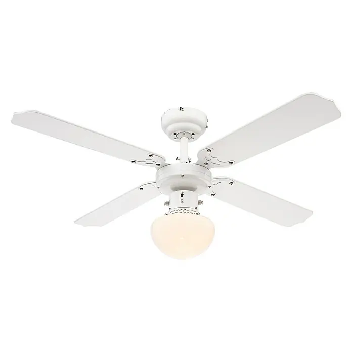 Proklima Deckenventilator Bungonia - Weiß, 105 cm, 60 W, Warmweiß - Weiße Deckenventilator mit vier Flügeln und einer runden Lampe für eine angenehme Beleuchtung.