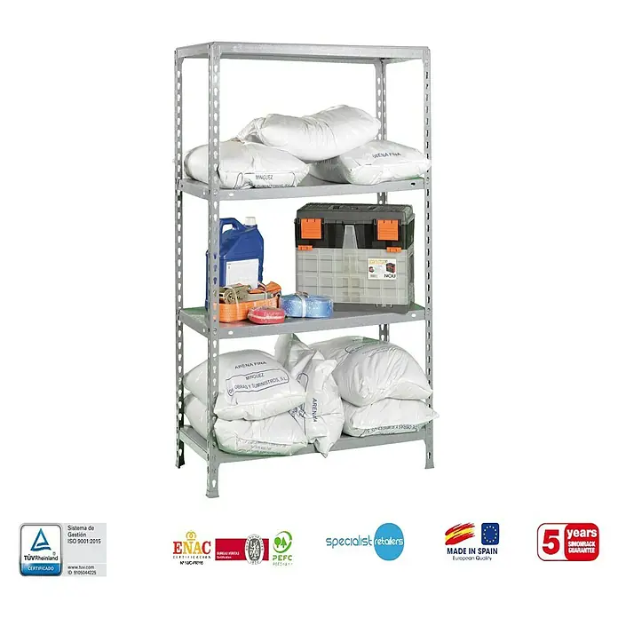 Simonrack Simonclick Estantería metálica Ecoclick Mini - Al x An x Pr: 160 x 80 x 30 cm, Capacidad de carga por balda: 70 kg, Número de baldas: 4 ud., Inserción, Galvanizado - Estantería gris con cuatro estantes, cargada con caja de herramientas, sacos y botella. Ideal para el almacenamiento en taller y garaje.