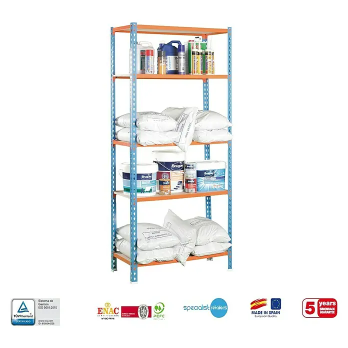 Simonrack Maderclick Estantería metálica Mini - Al x An x Pr: 180 x 80 x 30 cm, Capacidad de carga por balda: 150 kg, Número de baldas: 5 ud., Inserción, Azul/Naranja - Producto fotografiado: Una estantería llena de materiales de construcción como pintura y cemento, que ofrece una solución de almacenamiento práctica.