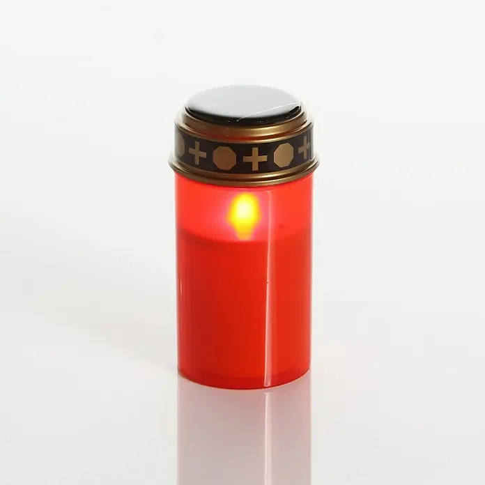 LED-Grablampe Solar - Ø x H: 7 x 13 cm, Rot, Brenndauer ca.: 20 h - Rote elektronische Kerze mit Solarpanel und Kreuzmuster. Sie spendet ein warmes, beruhigendes Licht und ist ideal für den Außenbereich.