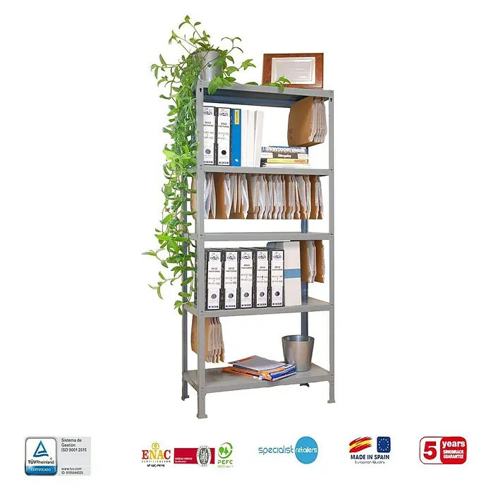 Simonrack Simonhome Estantería metálica Fileclick Plus - Al x An x Pr: 180 x 100 x 36 cm, Número de baldas: 5 ud., Inserción, Gris - Imagen de una estantería metálica gris con cinco estantes, llena de carpetas, archivadores colgantes y material de oficina, junto a una planta verde.
