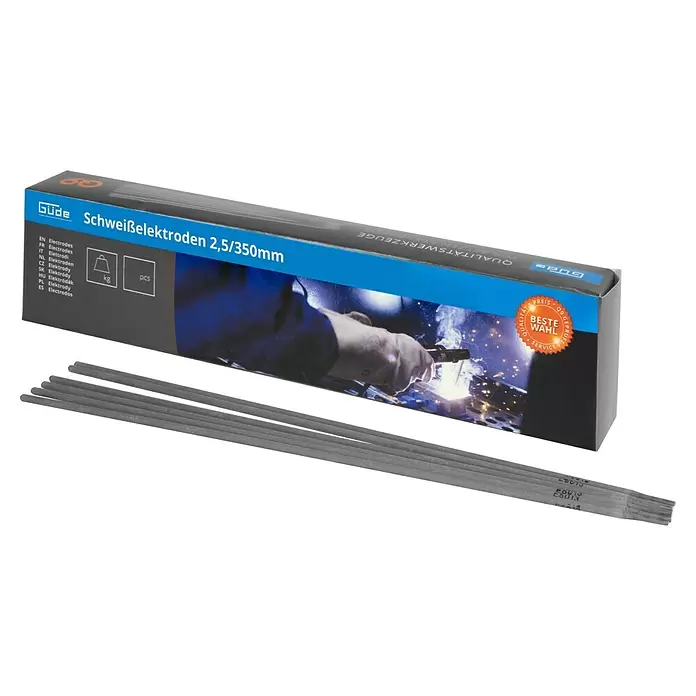 Güde Rutile Stahl-Elektrode 2,5/350mm - Elektrodenstärke: 2,5 mm, 150 Stk. - Güde Schweißelektroden 2,5/350mm in Verpackung und einzelne graue Stabelektroden.
