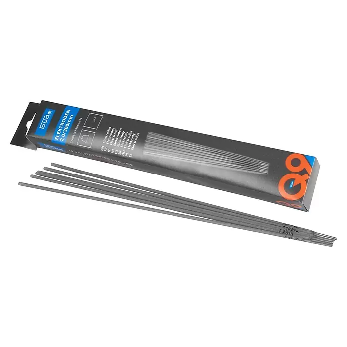 Güde Rutile Elektroden - Elektrodenstärke: 2 mm, 90 Stk. - Graue Schweißelektroden und ihre dunkelgraue Verpackung, mit Angabe der Größe 2,0/300mm.