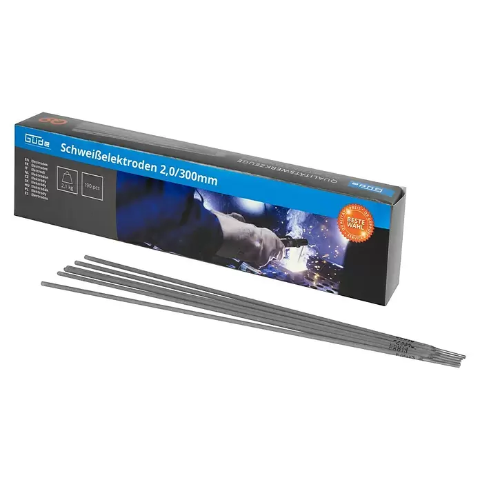 Güde Rutile Stahl-Elektrode 2,0/300mm - Elektrodenstärke: 2 mm, 190 Stk. - Güde Schweißelektroden 2,0/300mm, 190 Stk, in graublauer Box mit daneben liegenden Elektroden.