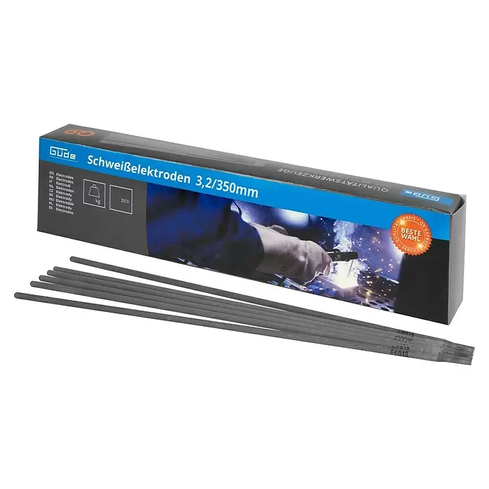 Güde Rutile Stahl-Elektrode 3,2/350mm - Elektrodenstärke: 3,2 mm, 95 Stk. - Graue Schweißelektroden in einer Markenverpackung, einige Elektroden liegen sichtbar daneben.