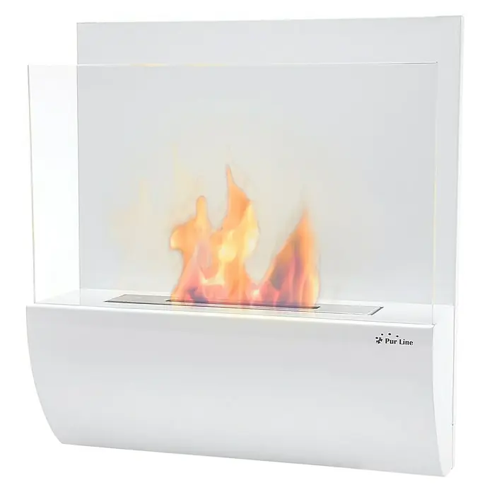 Purline Chimenea de bioetanol Eos - L x An x Al: 17 x 50 x 45 cm, Blanco - Una chimenea de bioetanol moderna y de pared en blanco con un frontal de vidrio, creando un ambiente acogedor.