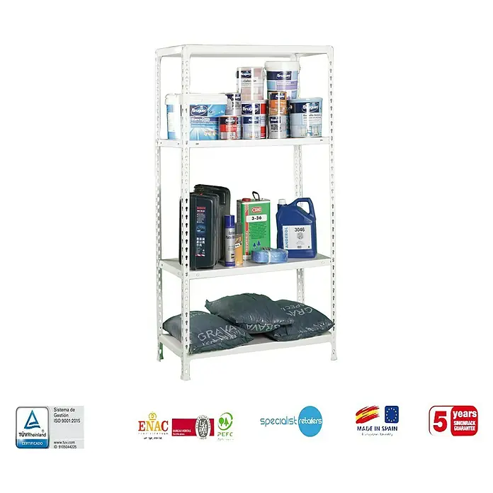 Simonrack Simonclick Estantería metálica Ecoclick Mini - Al x An x Pr: 160 x 80 x 30 cm, Capacidad de carga por balda: 70 kg, Número de baldas: 4 ud., Inserción, Blanco - Una estantería blanca de cuatro estantes que contiene varios recipientes y productos como pintura, aceite y limpiadores.
