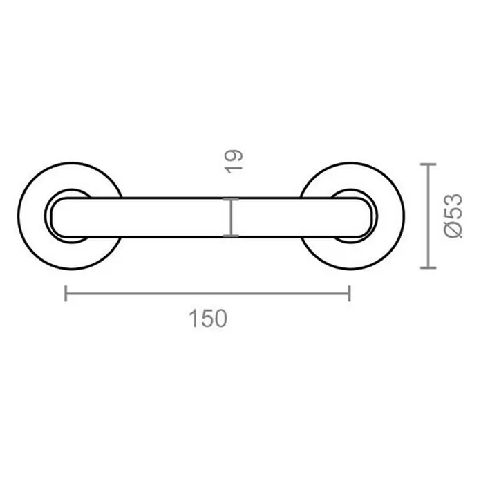 Micel Manillón 575 - Largo: 250 mm, Plateado, Curvado - Dibujo técnico de una manija de puerta con dimensiones: 150 mm de largo, 53 mm de diámetro y 19 mm de espesor.