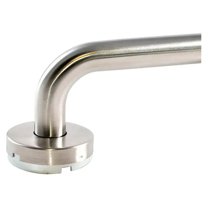 Micel Manillón 575 - Largo: 250 mm, Plateado, Curvado - Una barra de apoyo curvada de color plateado está sujeta a un soporte redondo. Está diseñada para baños u otros lugares donde se necesite apoyo.