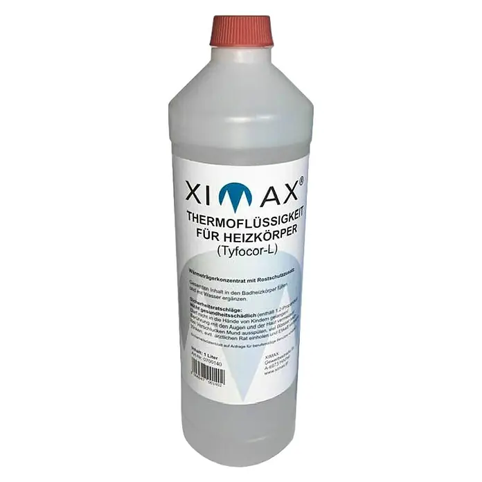 Ximax Glykol Thermokonzentrat - 1 l - Produktbild einer Flasche XIMAX® Thermo-Flüssigkeit für Heizkörper (Tyfocor-L), ein Wärmeträgerkonzentrat mit Rostschutzzusatz.