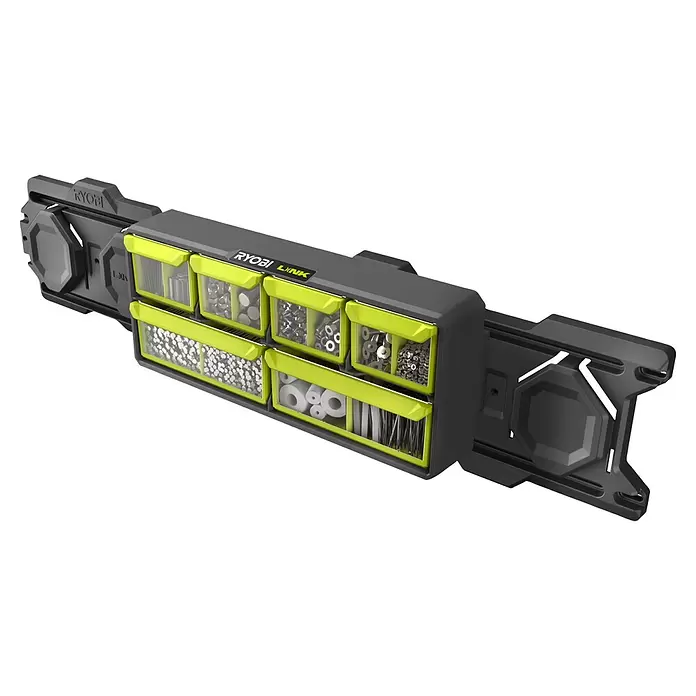 Ryobi Link Sortimentskasten RSLW 309 - Anzahl Fächer: 6 Stk. - Ryobi Link schwarzer & neongrüner modularer Kleinteile-Organizer mit transparenten Schubladen voller Befestigungselemente.