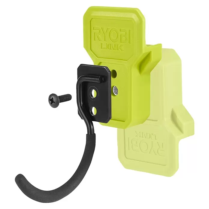 Ryobi Link Aufhängehaken RSLW815 - 1 Stk., Traglast: 6,8 kg - Limettengrüner Ryobi Link Aufbewahrungshaken mit schwarzem Metallhaken und einer separaten schwarzen Schraube.