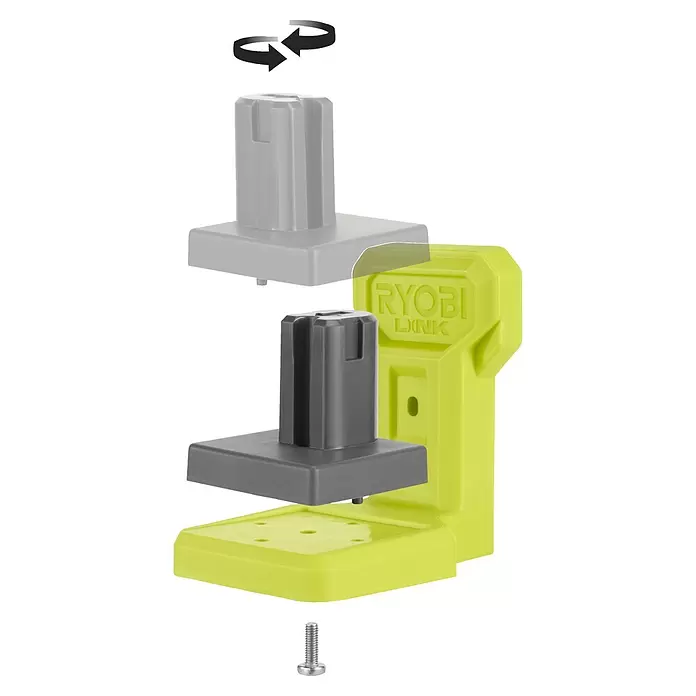 Ryobi Link Werkzeughalter RSLW817 - Traglast: 4 kg - Ryobi Link limettengrüne Halterung mit dunkelgrauem Akku-Adapter. Ein durchscheinender Adapter zeigt Rotation. Montageschraube inklusive.
