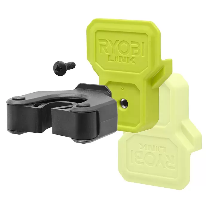 Ryobi Link Klemmhalter RSLW824 - Passend für: Stielwerkzeuge - Schwarze Werkzeughalterung mit grünen und gelben RYOBI LINK Wandhalterungen und einer schwarzen Schraube zur vielseitigen Werkzeugaufbewahrung.