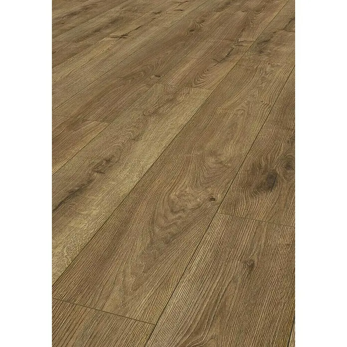 LOGOCLIC Aquaprotect Laminado Roble Hillside - 1.288 x 195 x 8 mm, Roble Hillside, AC4, Resistente al agua - Primer plano de suelo laminado en tonos marrones cálidos, destacando la textura y las vetas de la madera. Ideal para interiores modernos.