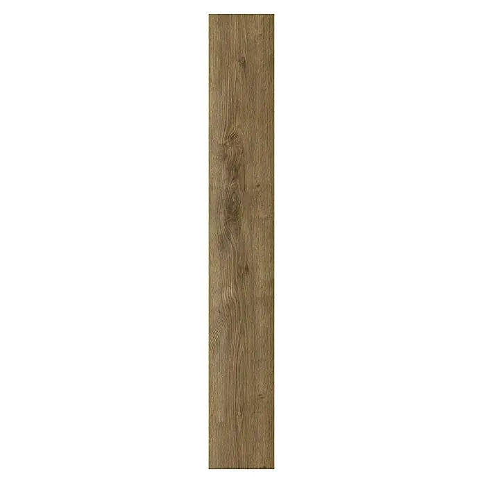 LOGOCLIC Aquaprotect Laminado Roble Hillside - 1.288 x 195 x 8 mm, Roble Hillside, AC4, Resistente al agua - Primer plano de una baldosa de imitación madera en tonos marrones cálidos con un veteado marcado, ideal para un espacio natural.
