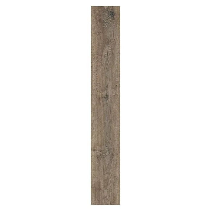 LOGOCLIC Aquaprotect Laminado Roble Renaissance - 1.288 x 195 x 12 mm, Roble Renaissance, AC5, Resistente al agua - Primer plano de una lámina laminada con aspecto de madera que presenta un patrón de vetas y un nudo distintivo, ideal para pisos contemporáneos.