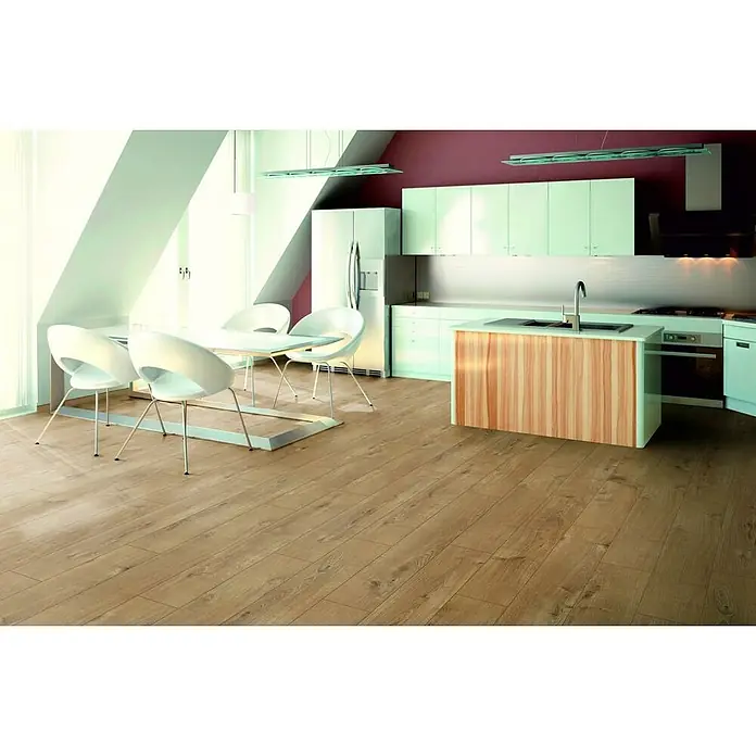 LOGOCLIC Aquaprotect Laminado Roble Sherwood - 1.288 x 195 x 12 mm, Roble Sherwood, AC5, Resistente al agua - Atractiva zona de comedor con suelo laminado imitación madera, aportando calidez y elegancia natural a la estancia.