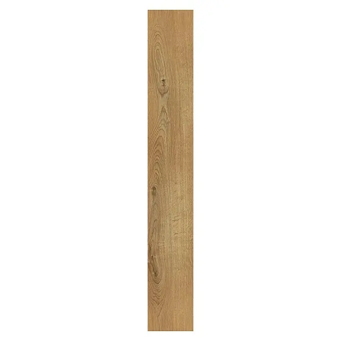 LOGOCLIC Aquaprotect Laminado Roble Sherwood - 1.288 x 195 x 12 mm, Roble Sherwood, AC5, Resistente al agua - Primer plano de una sola lama con vetas de madera marrón claro y nudos para pavimentos de alta calidad.