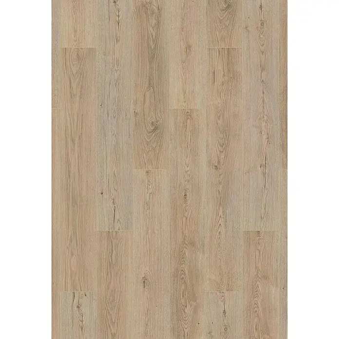 LOGOCLIC Aquaprotect Laminado Roble Sterling - 1.288 x 195 x 8 mm, Roble Sterling, AC4, Resistente al agua - Vista detallada de un suelo laminado de madera clara con un grano natural y tonos cálidos. Ideal para espacios modernos con un toque escandinavo.