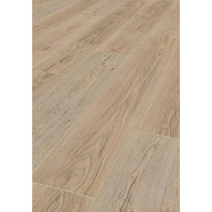 LOGOCLIC Aquaprotect Laminado Roble Sterling - 1.288 x 195 x 8 mm, Roble Sterling, AC4, Resistente al agua - Un primer plano de un suelo laminado de aspecto natural y claro con textura de vetas de madera.