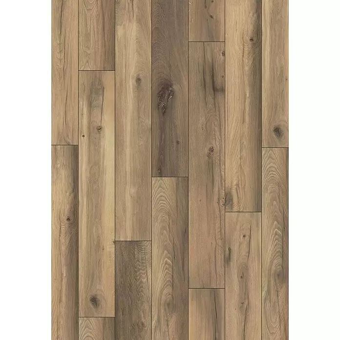 LOGOCLIC Aquaprotect Laminado Roble Wild West - 1.288 x 195 x 8 mm, Roble Wild West, AC5, Resistente al agua - Suelo laminado efecto madera en tonos marrones con veta y nudos visibles.