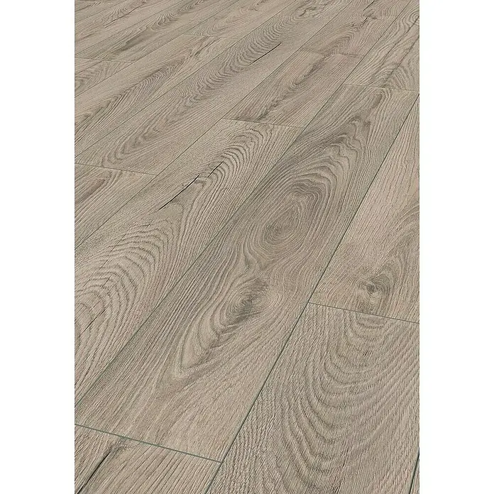 LOGOCLIC Aquaprotect Laminado Roble Mushroom - 1.288 x 195 x 8 mm, Roble Mushroom, AC5, Resistente al agua - Primer plano de paneles de suelo laminado claro con aspecto de madera, mostrando un interior moderno y elegante.