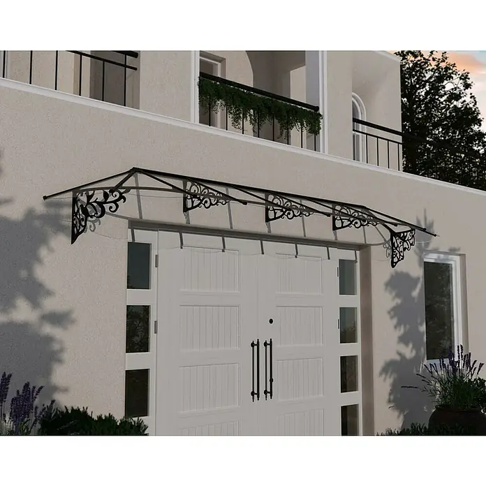 Palram – Canopia Marquesina para puerta Lily - 472 x 88 x 77 cm, Antracita - Área de entrada con un elegante toldo de puerta con elementos decorativos, que proporciona protección y un toque de estilo.