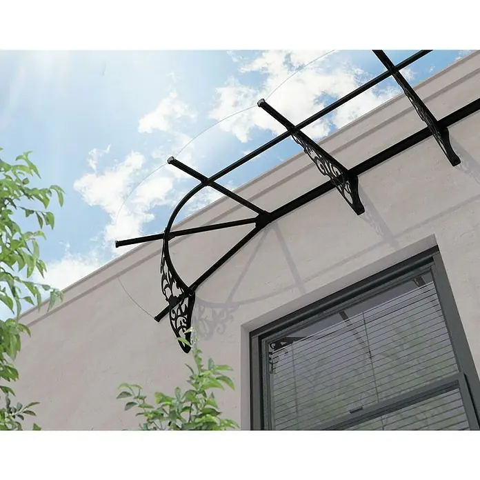 Palram – Canopia Marquesina para puerta Lily - 472 x 88 x 77 cm, Antracita - Elegante toldo de ventana con marco metálico negro y panel semitransparente, que realza el atractivo y ofrece protección.