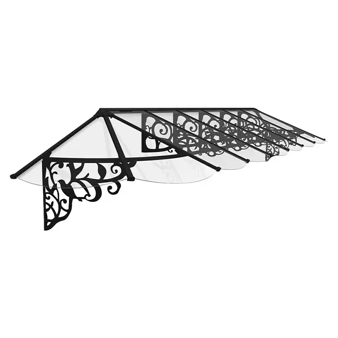 Palram – Canopia Marquesina para puerta Lily - 472 x 88 x 77 cm, Antracita - Toldo de hierro forjado negro y paneles transparentes con motivos decorativos de pájaros y volutas.