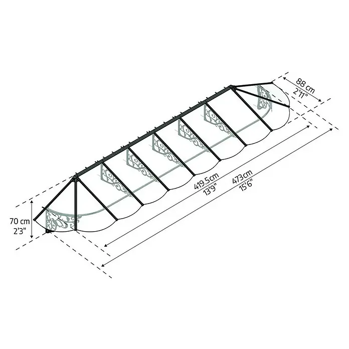 Palram – Canopia Marquesina para puerta Lily - 472 x 88 x 77 cm, Antracita - Ilustración de un elegante dosel con dimensiones en centímetros y pies, ideal para áreas exteriores.