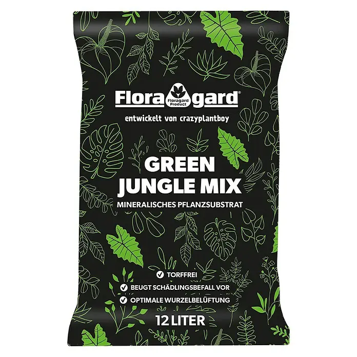Floragard Pflanzensubstrat Green Jungle Mix - 12 l - Abbildung einer Packung Floragard Green Jungle Mix Pflanzensubstrat mit Pflanzenillustrationen.