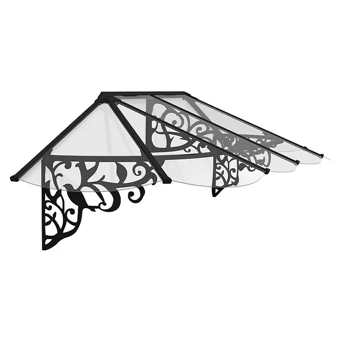 Palram – Canopia Marquesina para puerta Lily - 267 x 88 x 70 cm, Antracita - Toldo transparente con marco negro y soportes decorativos de filigrana.