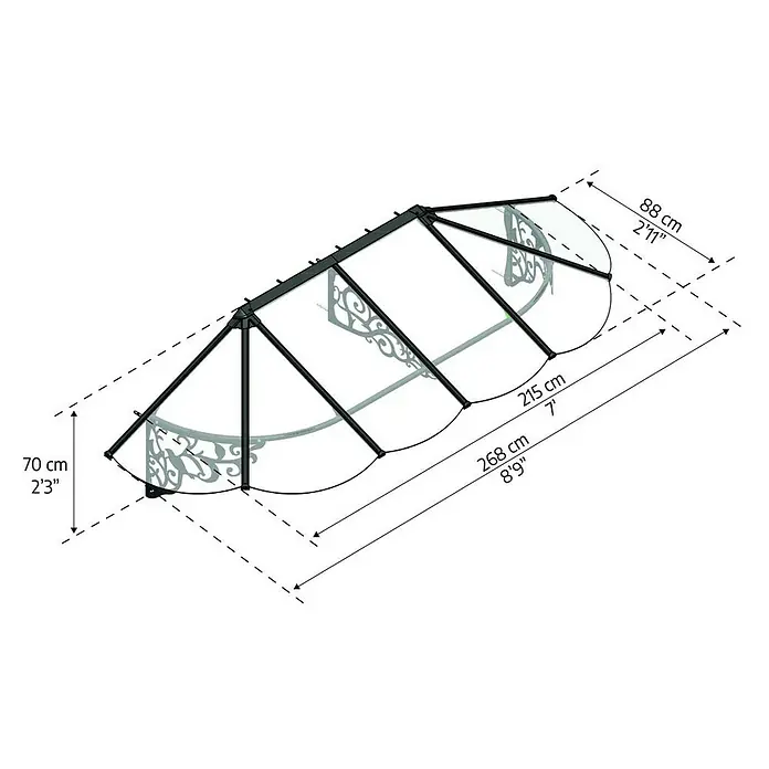 Palram – Canopia Marquesina para puerta Lily - 267 x 88 x 70 cm, Antracita - Imagen del producto de un toldo con dimensiones en centímetros y pies. El toldo tiene un ancho de 88 cm y una longitud de 268 cm.