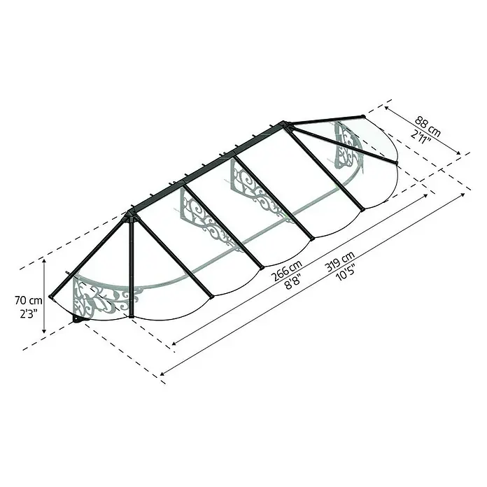 Palram – Canopia Marquesina para puerta Lily - 319 x 88 x 70 cm, Antracita - Un boceto detallado de una construcción de marquesina decorativa con dimensiones, ideal para la planificación y la visualización.