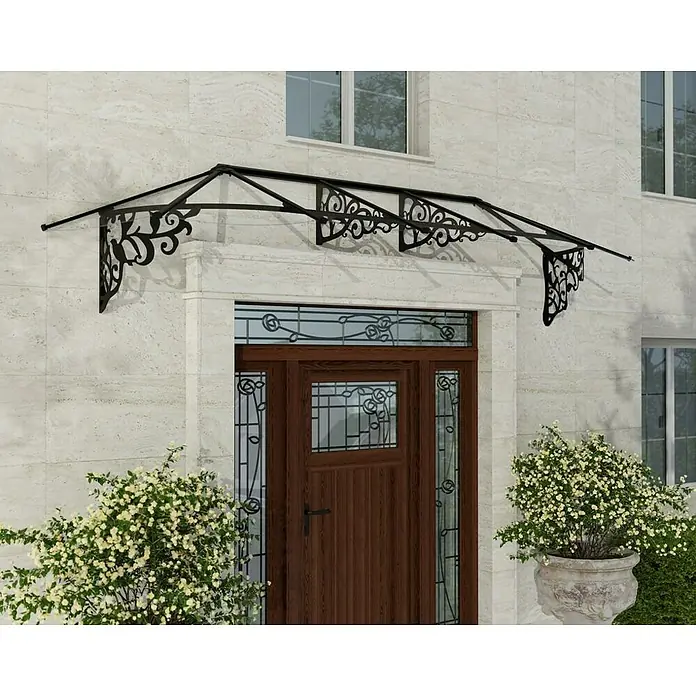 Palram – Canopia Marquesina para puerta Lily - 319 x 88 x 70 cm, Antracita - Marquesina de hierro forjado negro con intrincados detalles florales sobre una puerta de madera, que ofrece elegancia arquitectónica y protección.