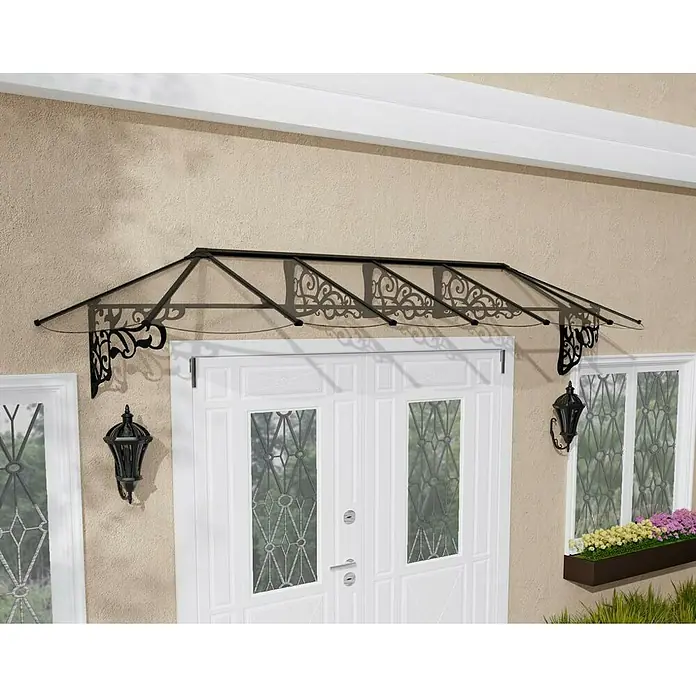 Palram – Canopia Marquesina para puerta Lily - 370 x 88 x 70 cm, Antracita - Una elegante estructura de toldo de puerta con detalles artísticos y panel transparente protege el área de entrada de la intemperie.