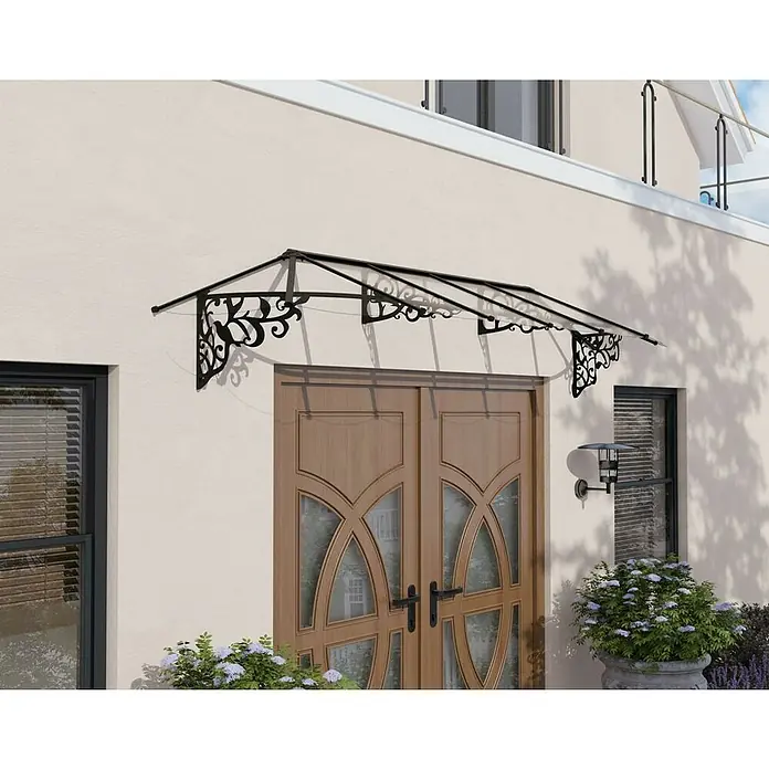 Palram – Canopia Marquesina para puerta Lily - 370 x 88 x 70 cm, Antracita - Elegante toldo de puerta con adornos negros ornamentales y techo transparente, ofreciendo un refugio elegante a la entrada.