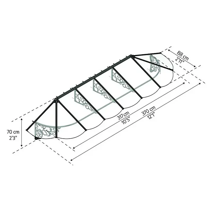 Palram – Canopia Marquesina para puerta Lily - 370 x 88 x 70 cm, Antracita - Vista dimensional del dosel, que muestra una longitud de 370 cm, una anchura de 88 cm y una altura de 70 cm.