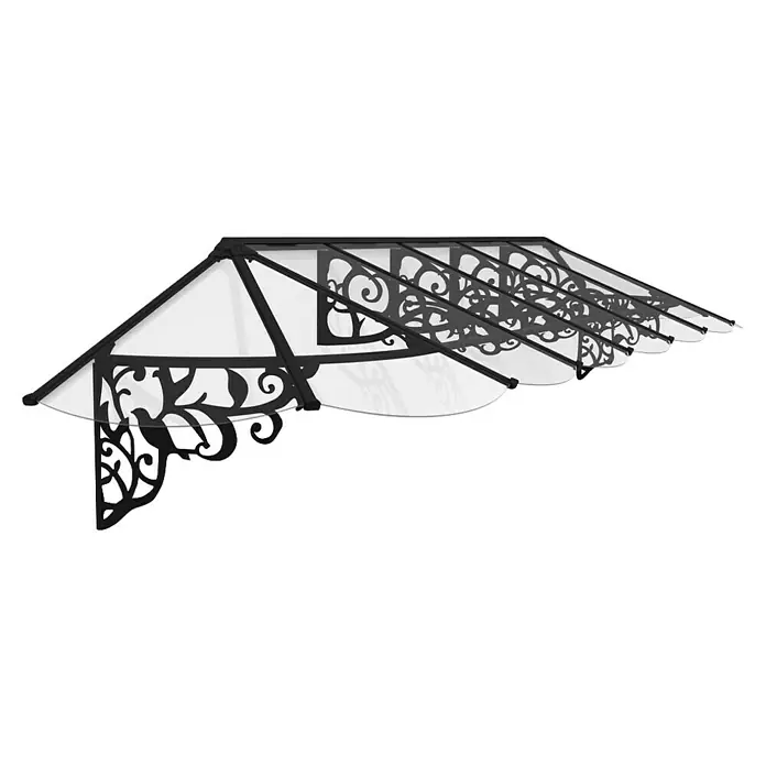 Palram – Canopia Marquesina para puerta Lily - 421 x 88 x 70 cm, Antracita - Un toldo decorativo con marco negro y detalles ornamentales, que protege con estilo una entrada. Su cubierta transparente permite filtrar la luz.