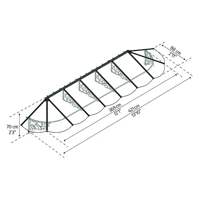 Palram – Canopia Marquesina para puerta Lily - 421 x 88 x 70 cm, Antracita - Un dibujo en perspectiva de un elegante toldo de puerta, completo con medidas detalladas en centímetros y pies.
