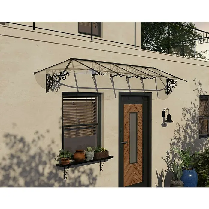 Palram – Canopia Marquesina para puerta Lily - 421 x 88 x 70 cm, Antracita - Una puerta de entrada elegante con un toldo decorativo que proporciona sombra. Los detalles ornamentales del toldo y la puerta rústica se complementan.