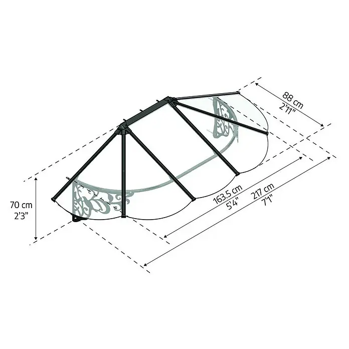 Palram – Canopia Marquesina para puerta Lily - 216 x 88 x 70 cm, Antracita - Una representación esquemática de un dosel, incluyendo las medidas de dimensión en centímetros y pies.