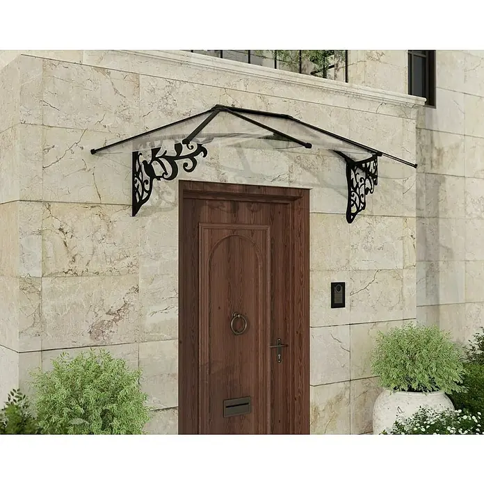 Palram – Canopia Marquesina para puerta Lily - 216 x 88 x 70 cm, Antracita - Elegante marquesina para puerta con techo transparente y soportes negros ornamentados. Ofrece un refugio elegante contra las inclemencias del tiempo.